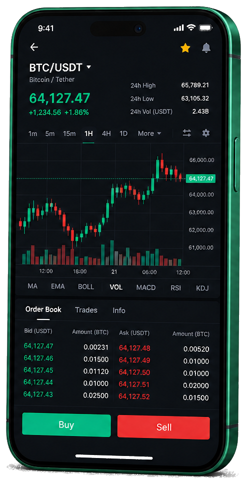 Mobilna trgovačka platforma Adria Capital — prikaz uživo BTC/USDT grafikona, knjige naloga i sučelja za kupnju i prodaju
